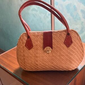 Vintage Tan and Brown Woven Shoulder Bag with brass and leather accents